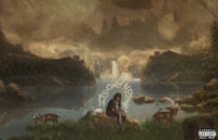 a painting of a woman sitting on a rock in front of a waterfall